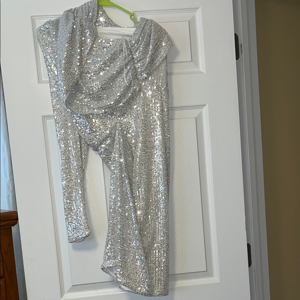 Silver Sequin Long Sleeve Dress